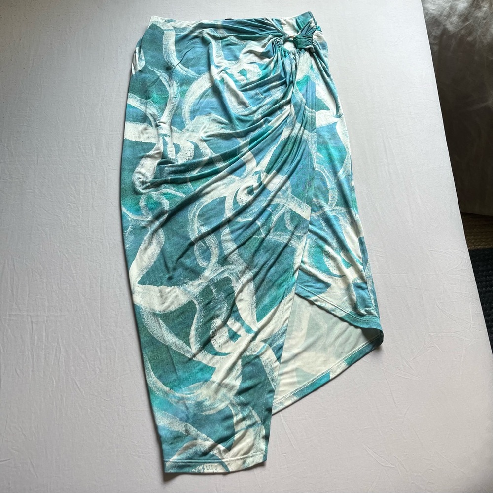 NWT LOUISA BALLOU teal blue swirl print knit ruched o ring‎ draped midi skirt